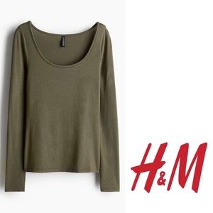 H&M Scoop Neck Long Sleeves Top Shirt Size XXL Dark Khaki Green Brand New NWT